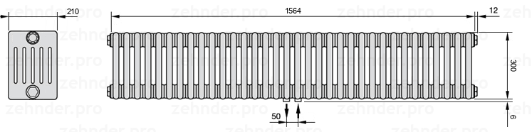 Схема (чертеж) Радиатор Zehnder Charleston 6030/34 №5410 Белый глянцевый RAL 9016
